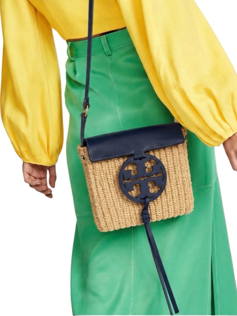Tory Burch Miller Straw Crossbody Bag – Navy Blue Natural  Like New
